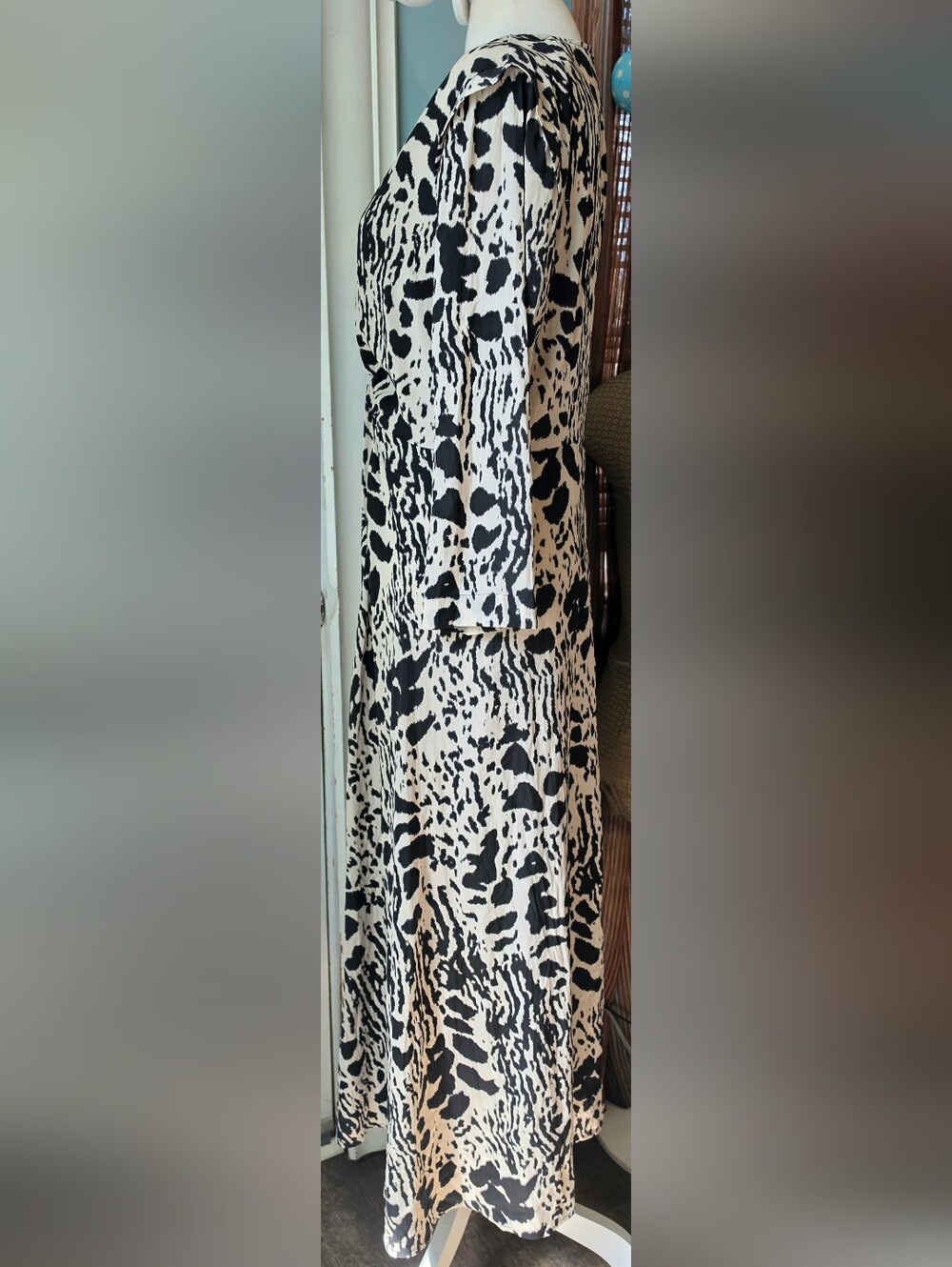 Ba&sh Paris Olga Midi Dress Womens 6 Black Ecru Abstract Animal Print Fit n Flar - Picture 6 of 16